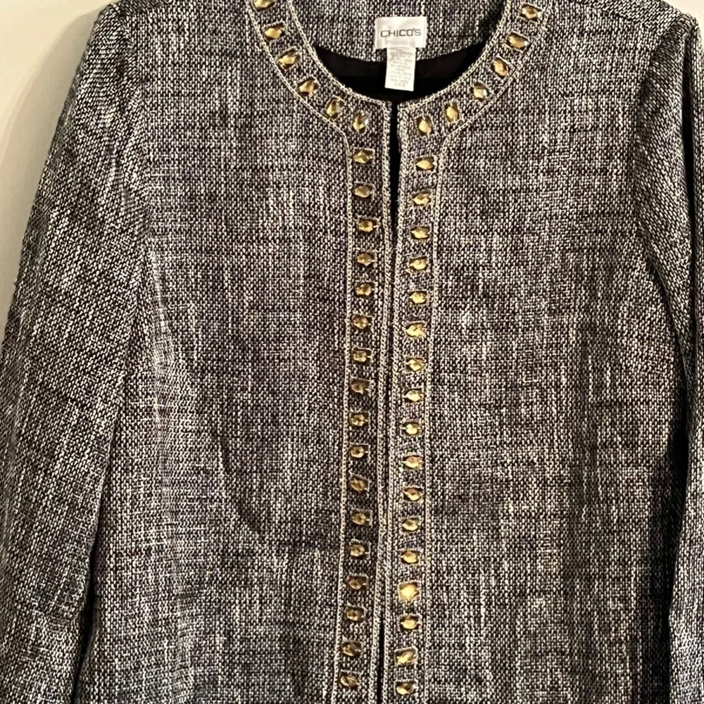 Chicos Jewel Tweed Jacket 12 Black Classic Resort Preppy Old‎ Money Luxury Chic